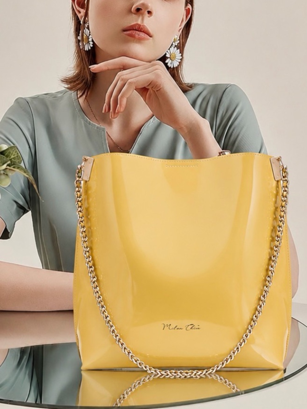 Yellow Patent Tote with Chain Handle by